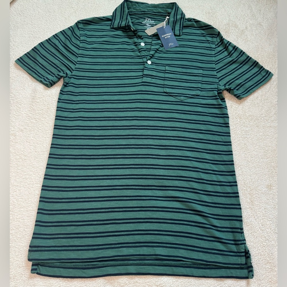 🔥JCREW polo shirt dark green striped navy pocket cotton collared t-shirt tee XS